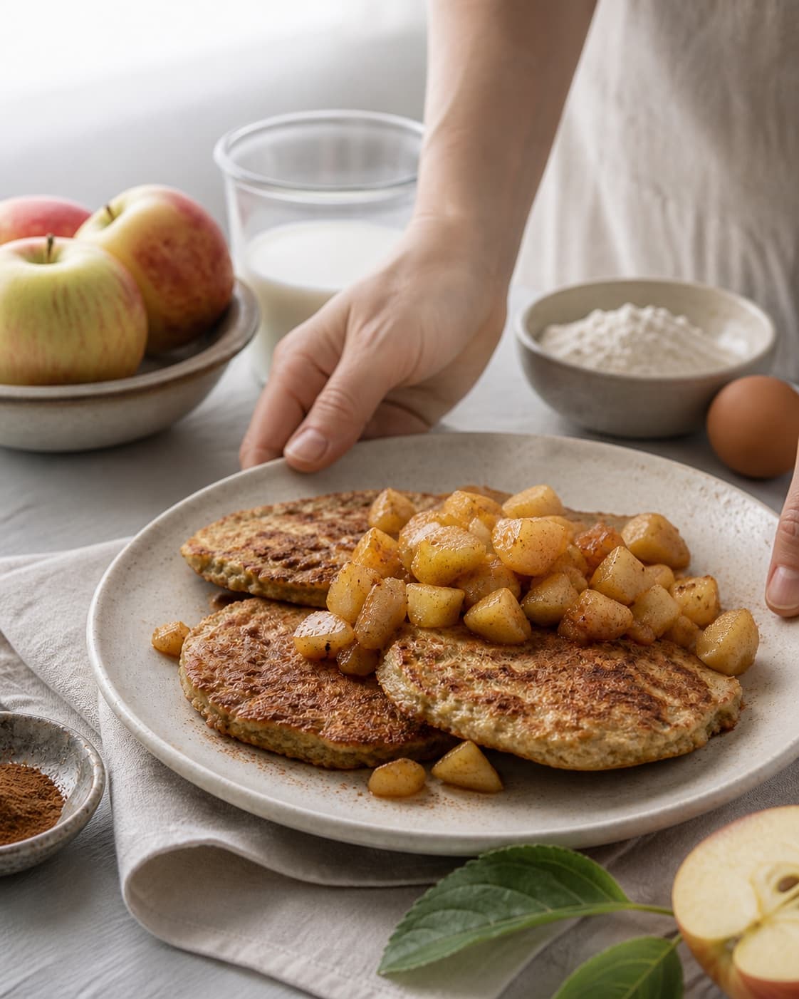 Golden apple cinnamon pancakes resting in one layer on a rack before serving under tilberedningen af æblepandekager med kanel