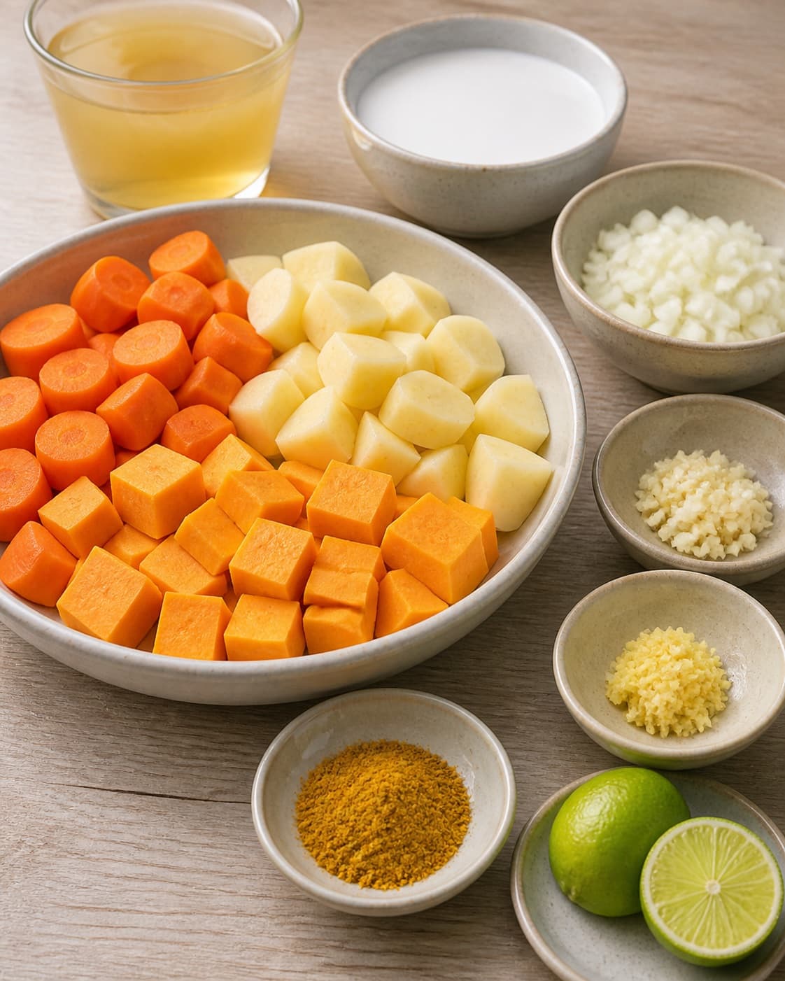 Carrots parsnips sweet potatoes onion garlic ginger curry coconut milk stock and lime prepared separately under tilberedningen af rodfrugter i kokosmælk