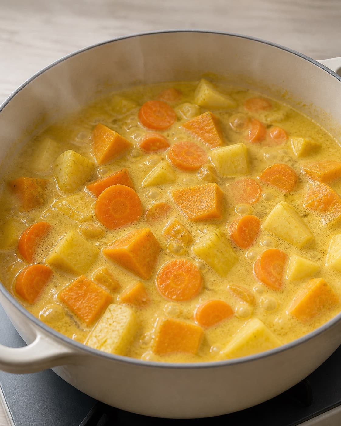 Root vegetables gently simmering in golden coconut curry sauce with distinct pieces under tilberedningen af rodfrugter i kokosmælk