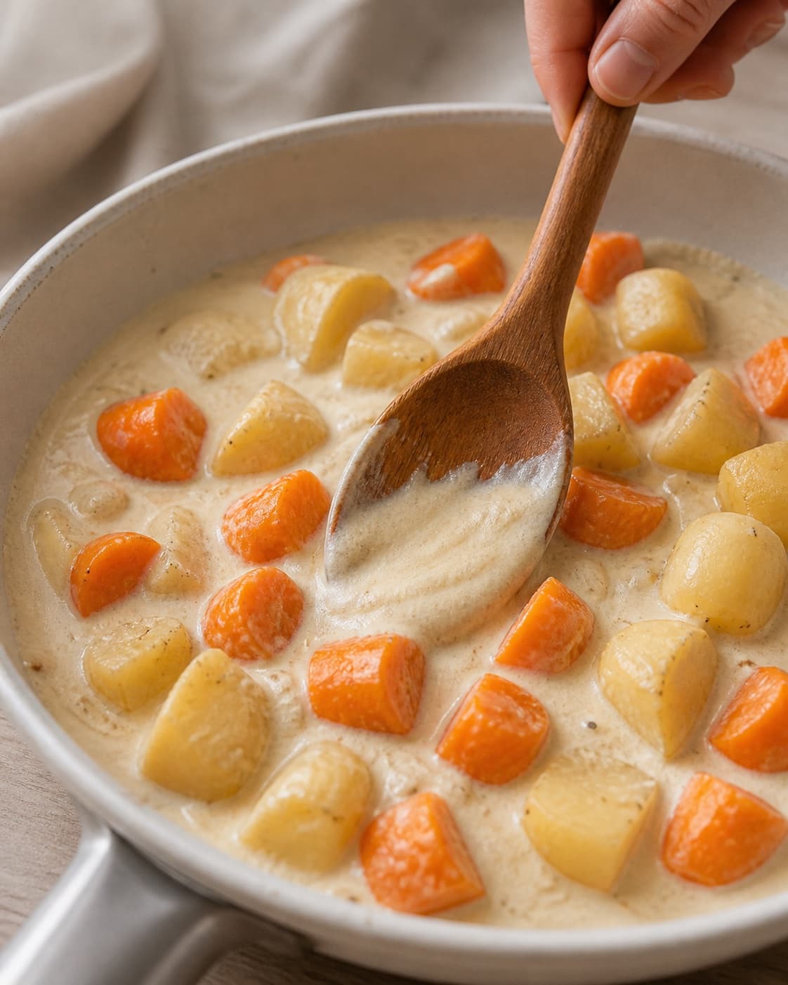 Coconut curry sauce being adjusted around intact tender root vegetable pieces under tilberedningen af rodfrugter i kokosmælk