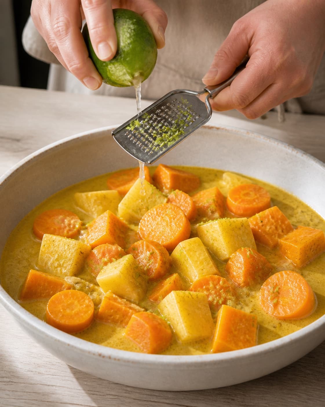 Finished coconut root vegetable curry receiving fresh lime zest and juice under tilberedningen af rodfrugter i kokosmælk