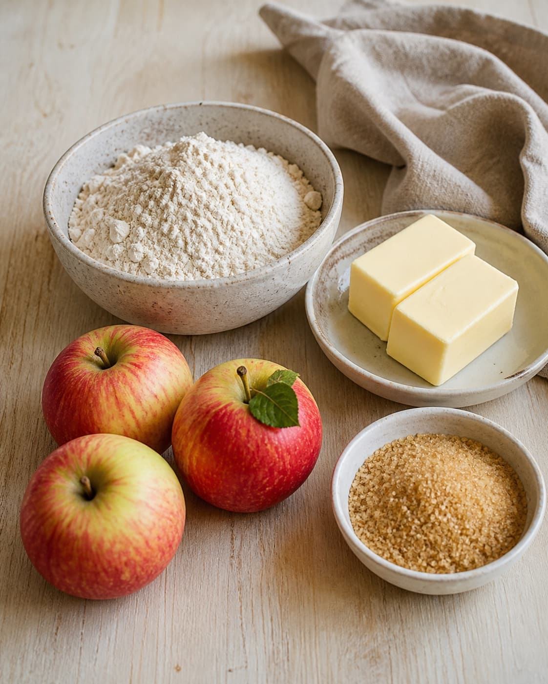 Small tart apple cubes beside flour baking powder cinnamon salt butter sugar eggs and milk under tilberedningen af æblemuffins