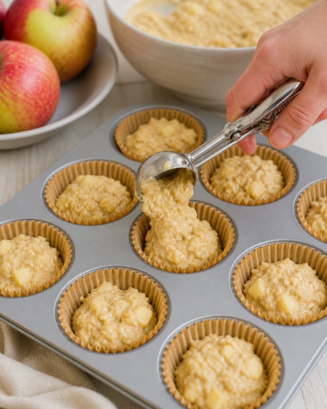 Apple cubes being folded into thick cinnamon batter before even muffin portions are scooped under tilberedningen af æblemuffins