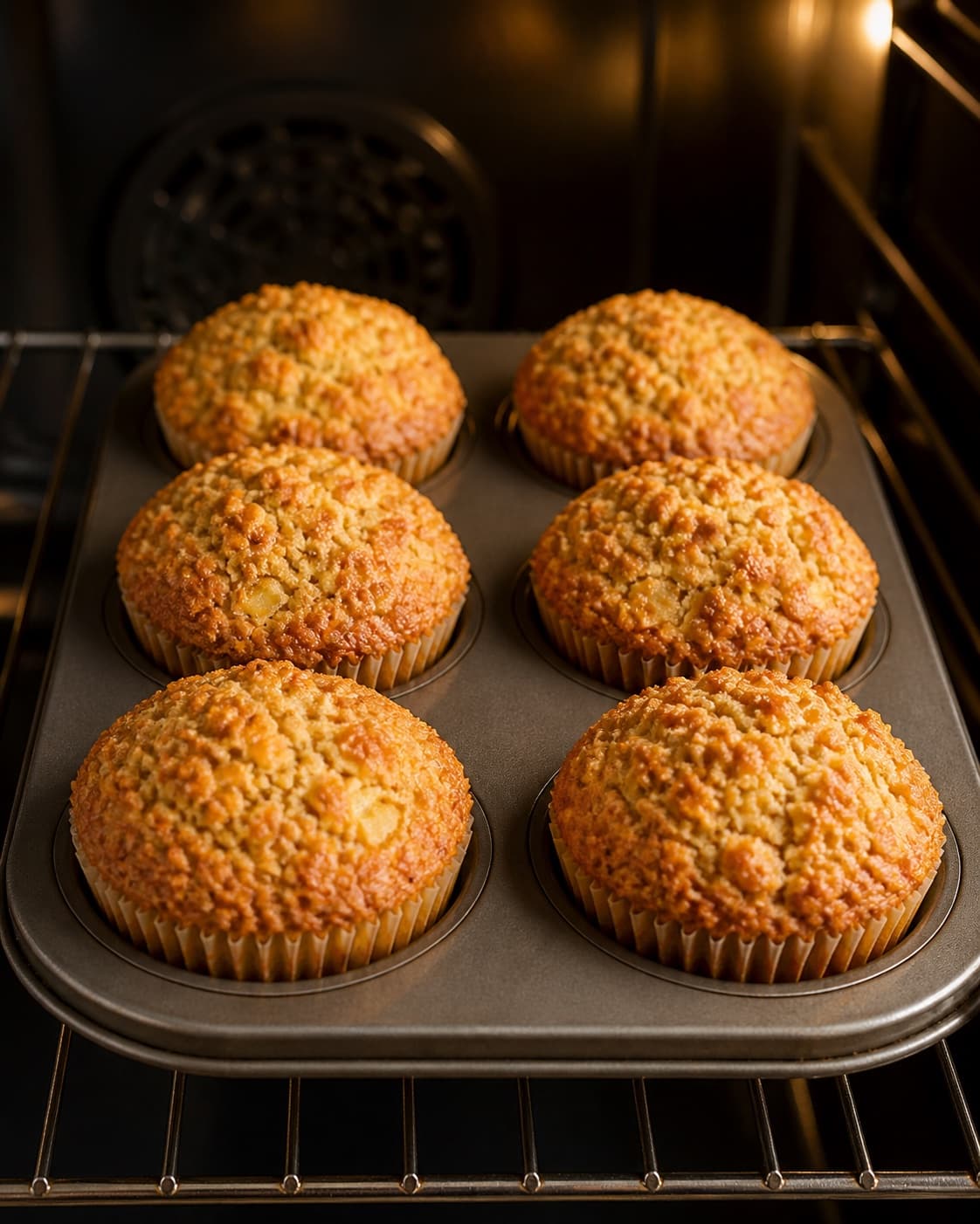 Apple cinnamon muffins baking until domed golden and fully set between fruit pieces under tilberedningen af æblemuffins