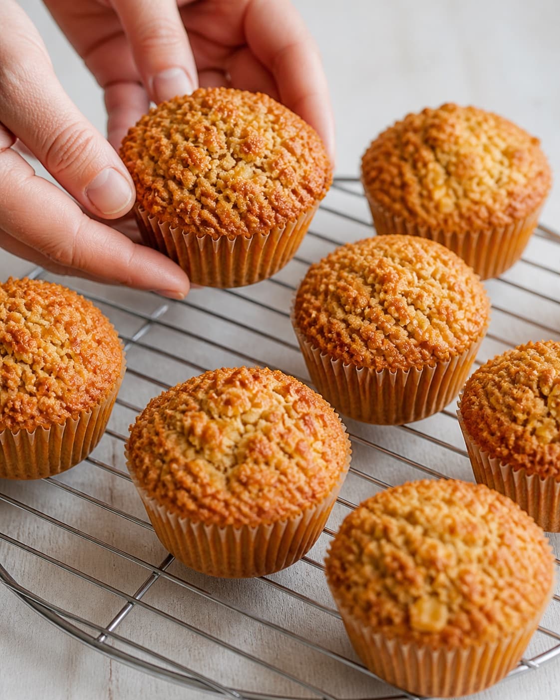 Golden apple cinnamon muffins cooling individually on a wire rack under tilberedningen af æblemuffins