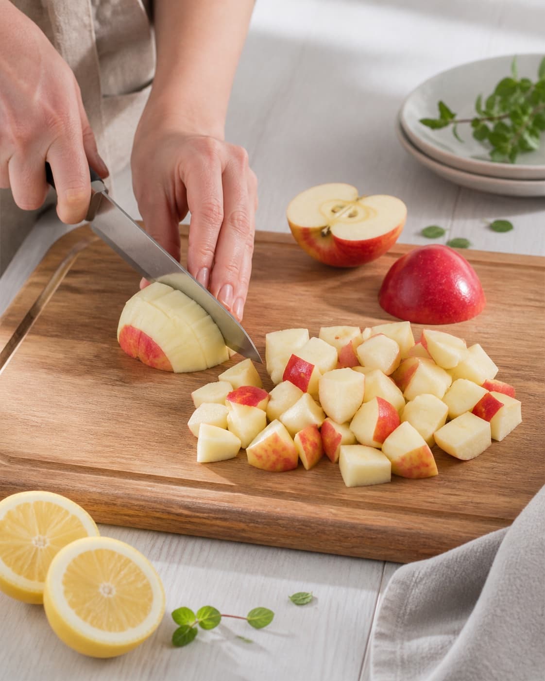 Crisp apples being cut into even small cubes while lemon zest is finely grated under tilberedningen af æbletern i citron og honningmarinade
