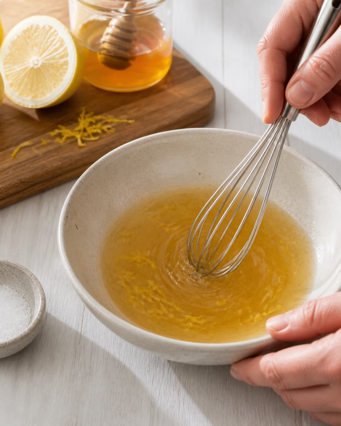 Honey lemon juice zest and a pinch of salt whisked into a clear marinade under tilberedningen af æbletern i citron og honningmarinade