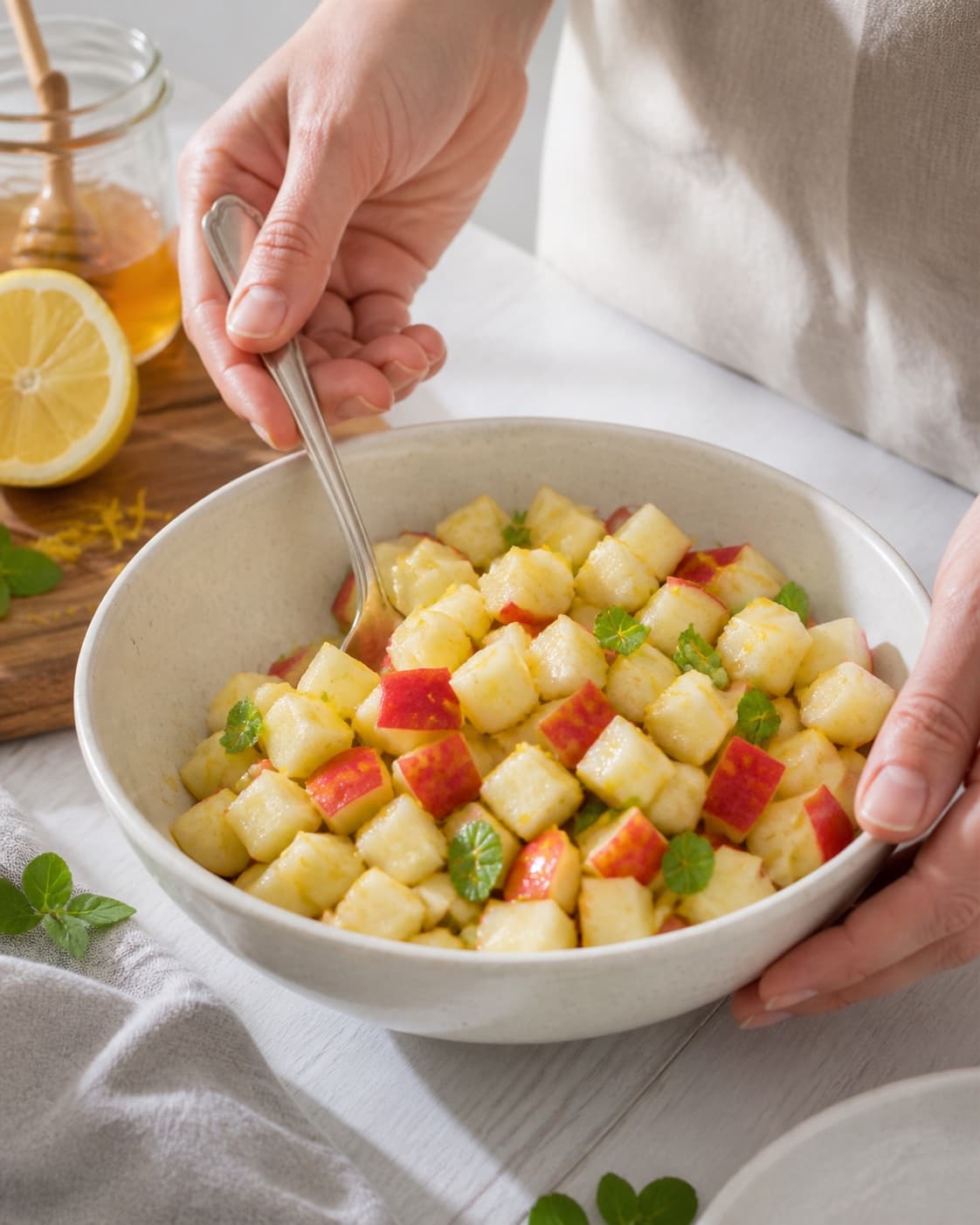 Apple cubes being folded gently with lemon honey marinade and ribbons of fresh mint under tilberedningen af æbletern i citron og honningmarinade