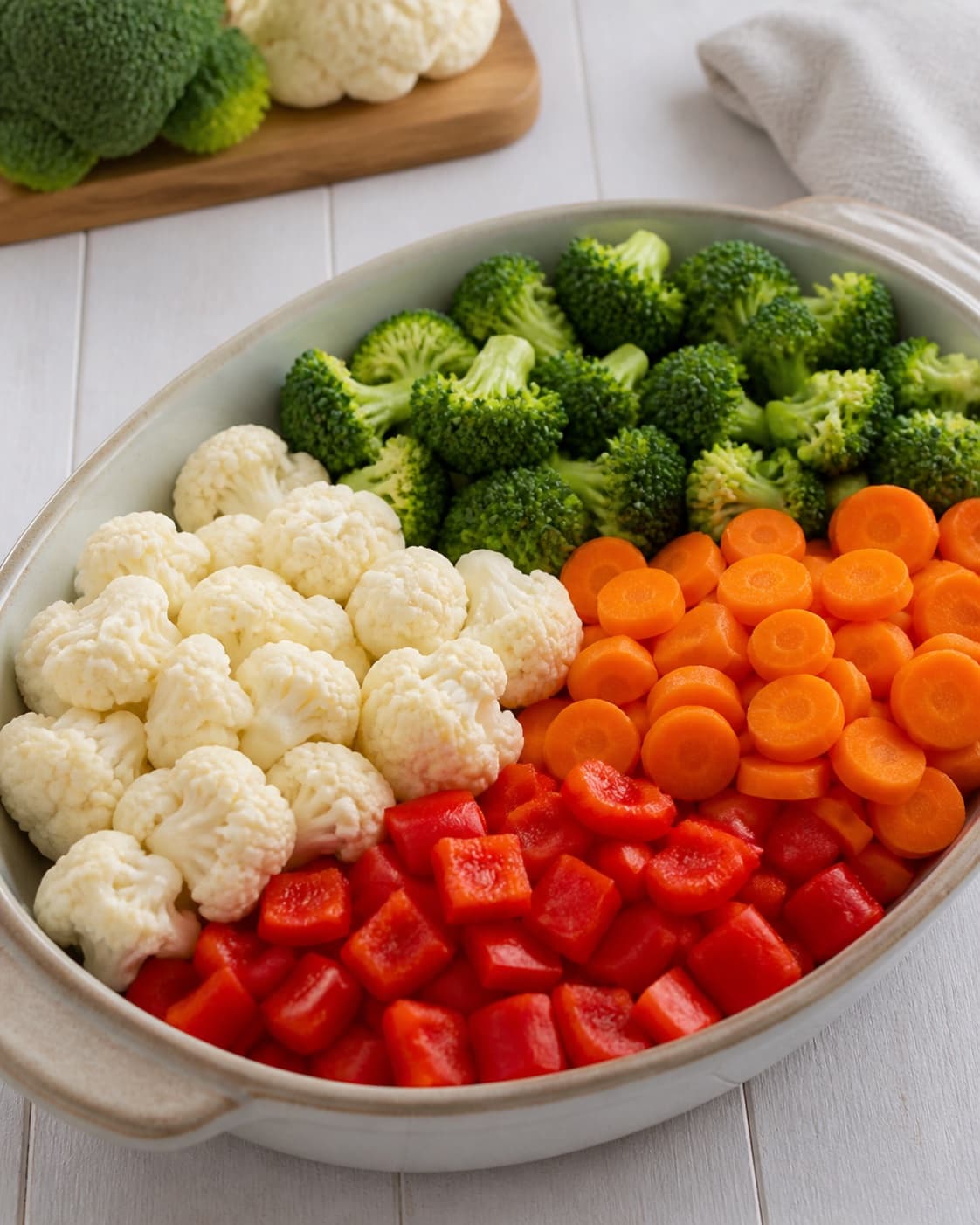 Dry prepared broccoli cauliflower carrots red pepper red onion and chickpeas in separate groups under tilberedningen af grøntsagsfad