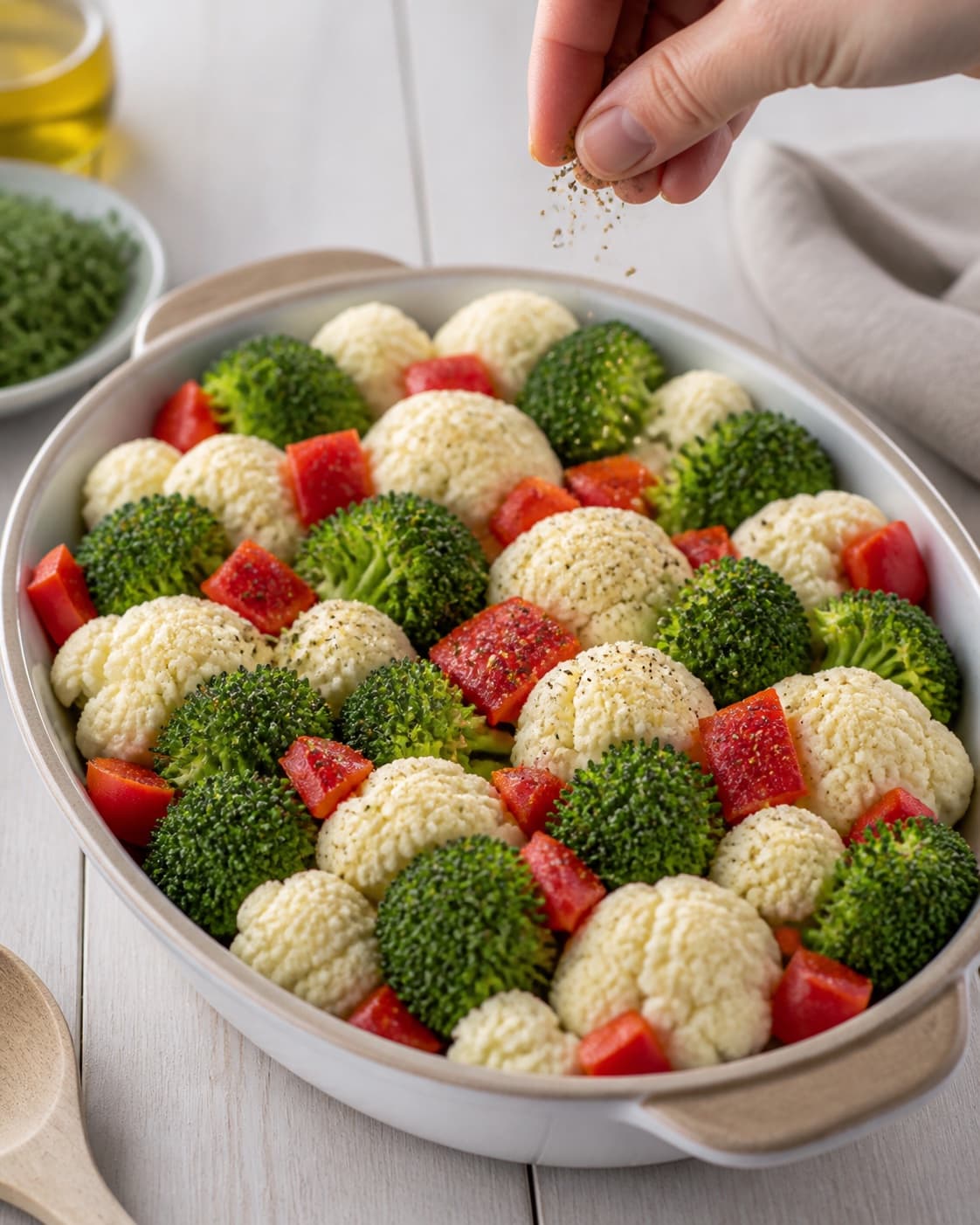 Vegetables and chickpeas being coated lightly with olive oil thyme lemon zest and salt under tilberedningen af grøntsagsfad