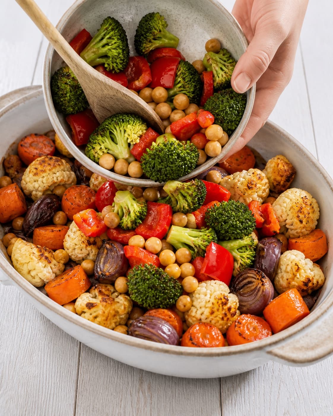 Broccoli red pepper and chickpeas joining browned root vegetables in the roasting tray under tilberedningen af grøntsagsfad
