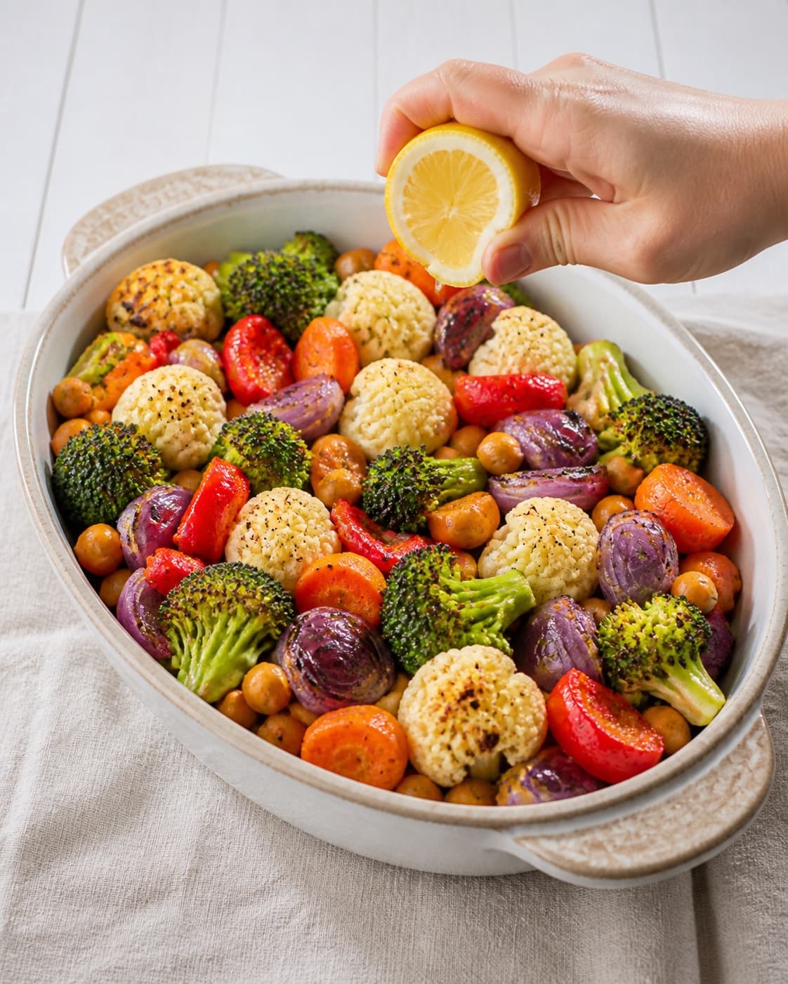 Roasted vegetable and chickpea tray resting before fresh lemon juice and thyme are added under tilberedningen af grøntsagsfad