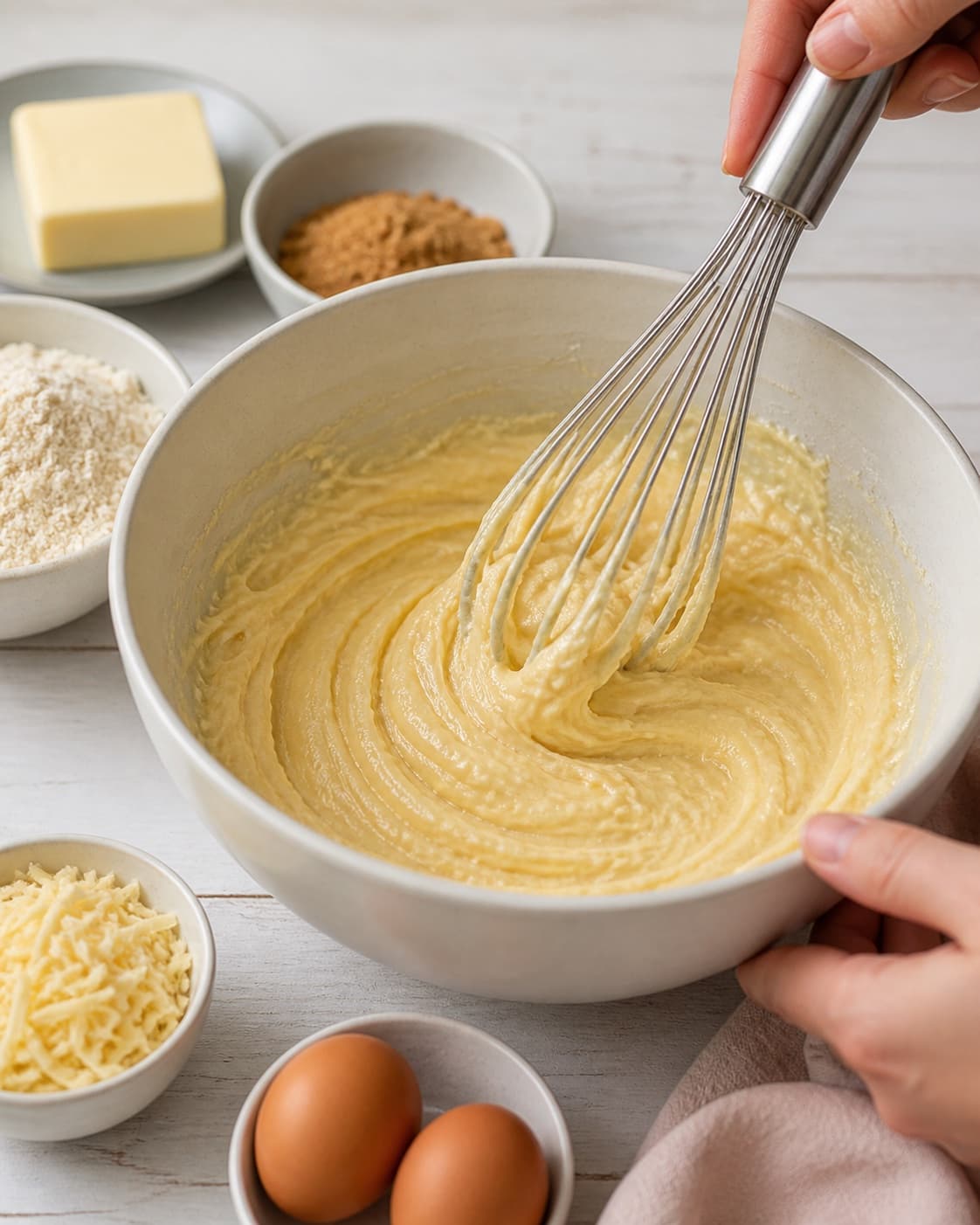 Marzipan almond flour butter sugar and eggs being mixed into a smooth tart filling under tilberedningen af frugttærte med marcipan og friske bær
