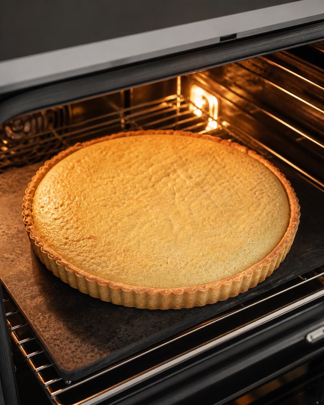 Marzipan tart baking until pastry is golden and almond filling is fully set under tilberedningen af frugttærte med marcipan og friske bær