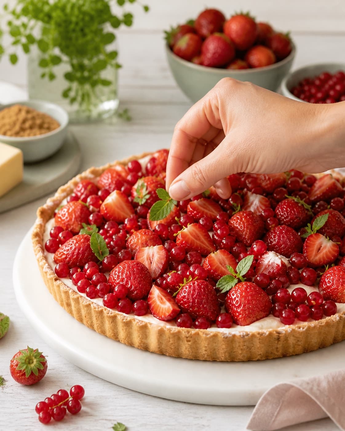 Cold marzipan tart being topped densely with fresh strawberries and mixed berries under tilberedningen af frugttærte med marcipan og friske bær