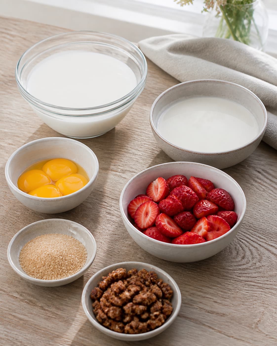Cold buttermilk cultured milk pasteurised egg yolks sugar vanilla lemon strawberries and almonds prepared separately under tilberedningen af koldskål med jordbær og brændte mandler