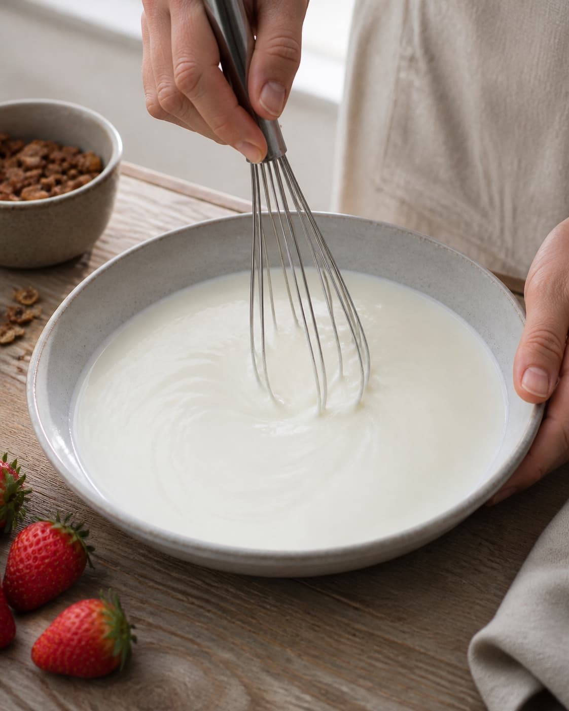 Pale vanilla egg yolk foam receiving cold buttermilk and cultured milk under tilberedningen af koldskål med jordbær og brændte mandler