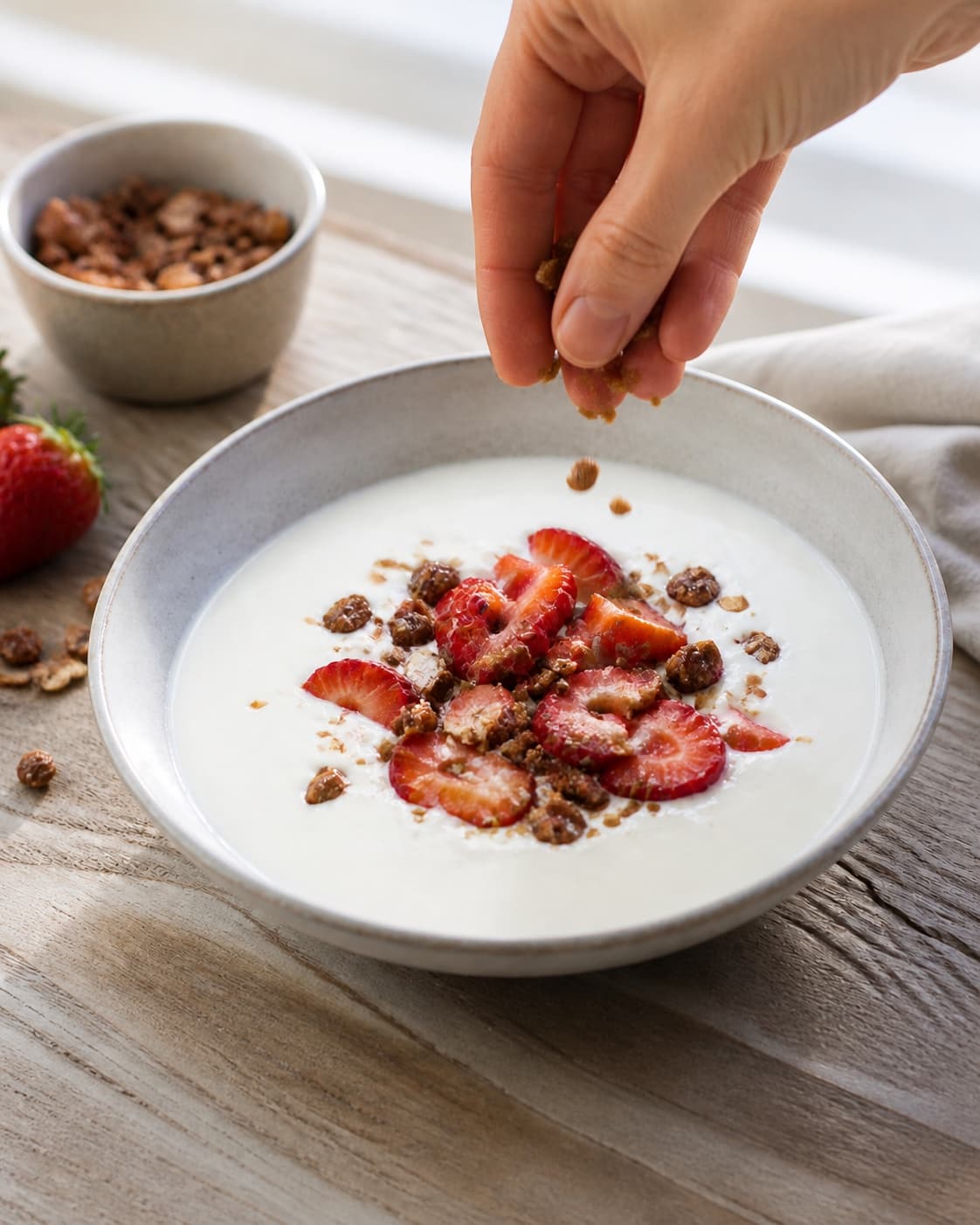Cold vanilla buttermilk served with sliced strawberries and chopped caramelised almonds under tilberedningen af koldskål med jordbær og brændte mandler