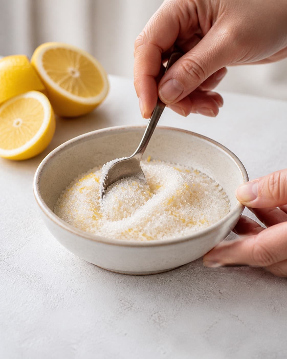 Sugar vanilla lemon zest and a pinch of salt being mixed evenly under tilberedningen af rysteribs