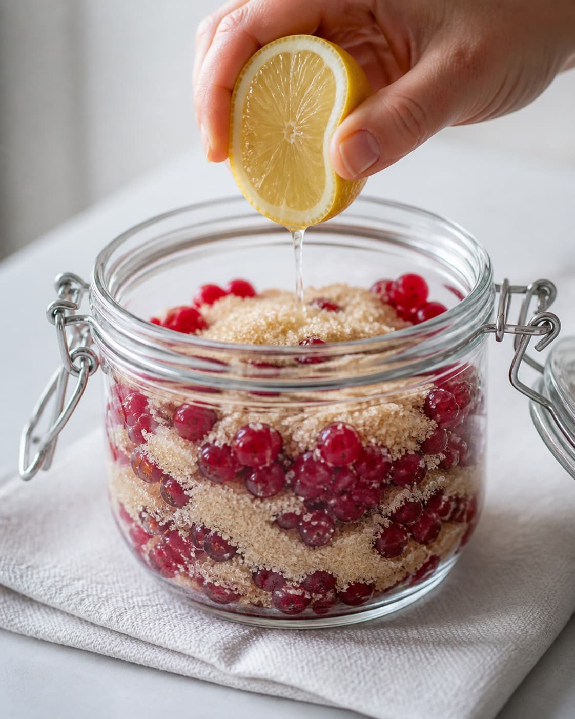 Whole redcurrants layered with vanilla lemon sugar in a lidded bowl under tilberedningen af rysteribs