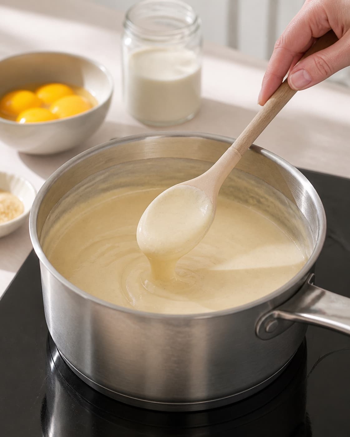 Liquorice custard base thickening gently to 82 degrees Celsius under tilberedningen af lakrids is