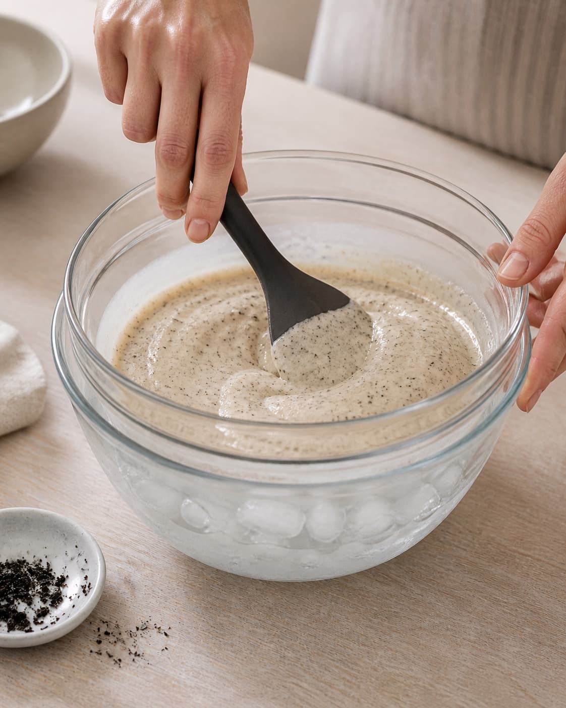 Smooth liquorice custard cooling rapidly over an ice bath while being stirred under tilberedningen af lakrids is