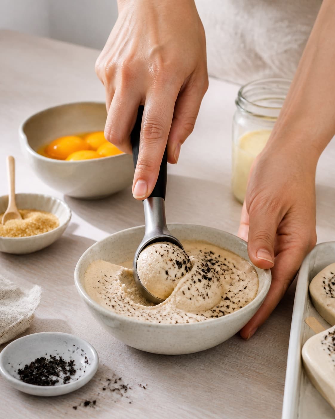Set liquorice ice cream being scooped after controlled hardening and short tempering under tilberedningen af lakrids is