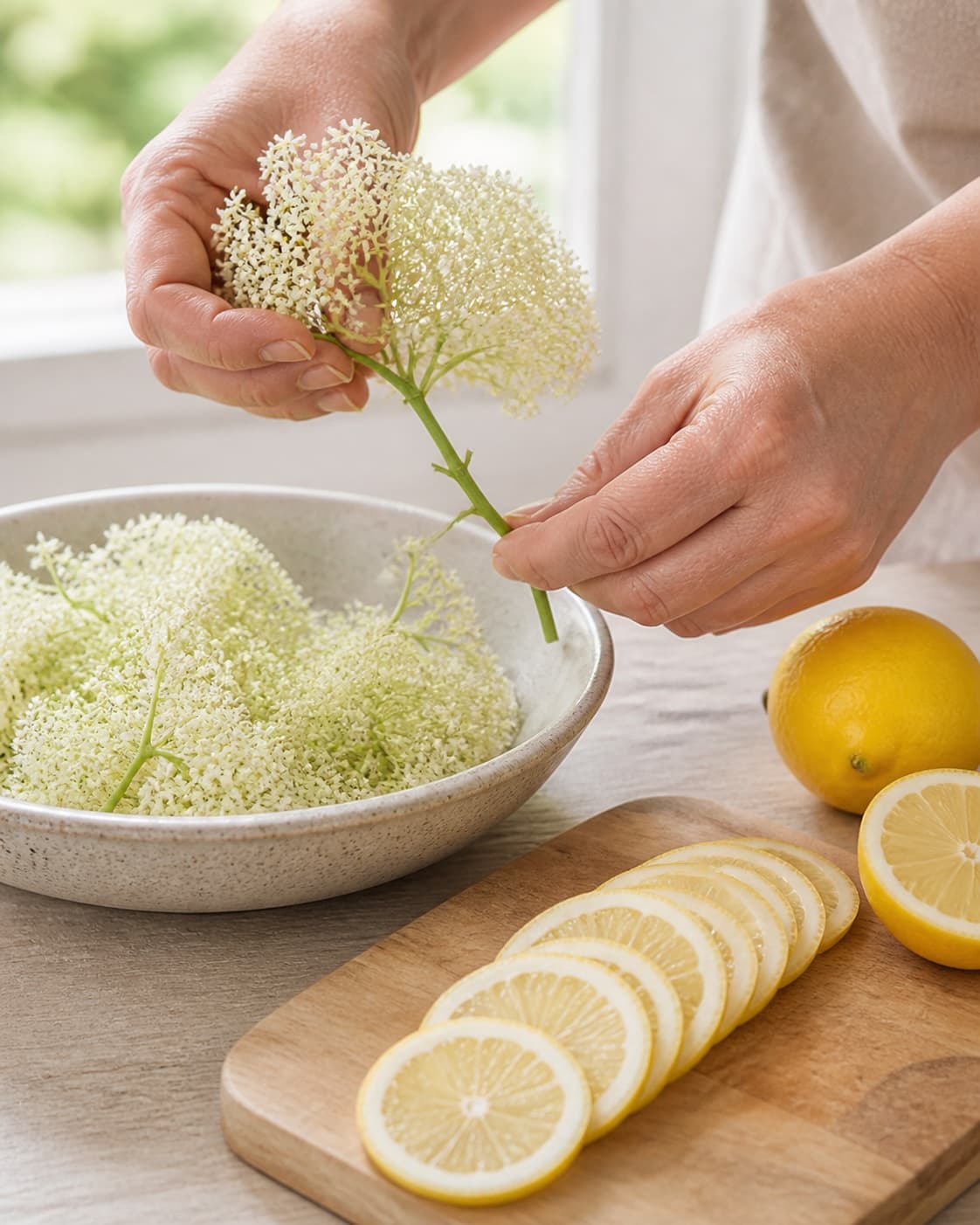Fresh elderflower heads being inspected and trimmed beside thinly sliced organic lemons under tilberedningen af hyldeblomstsaft