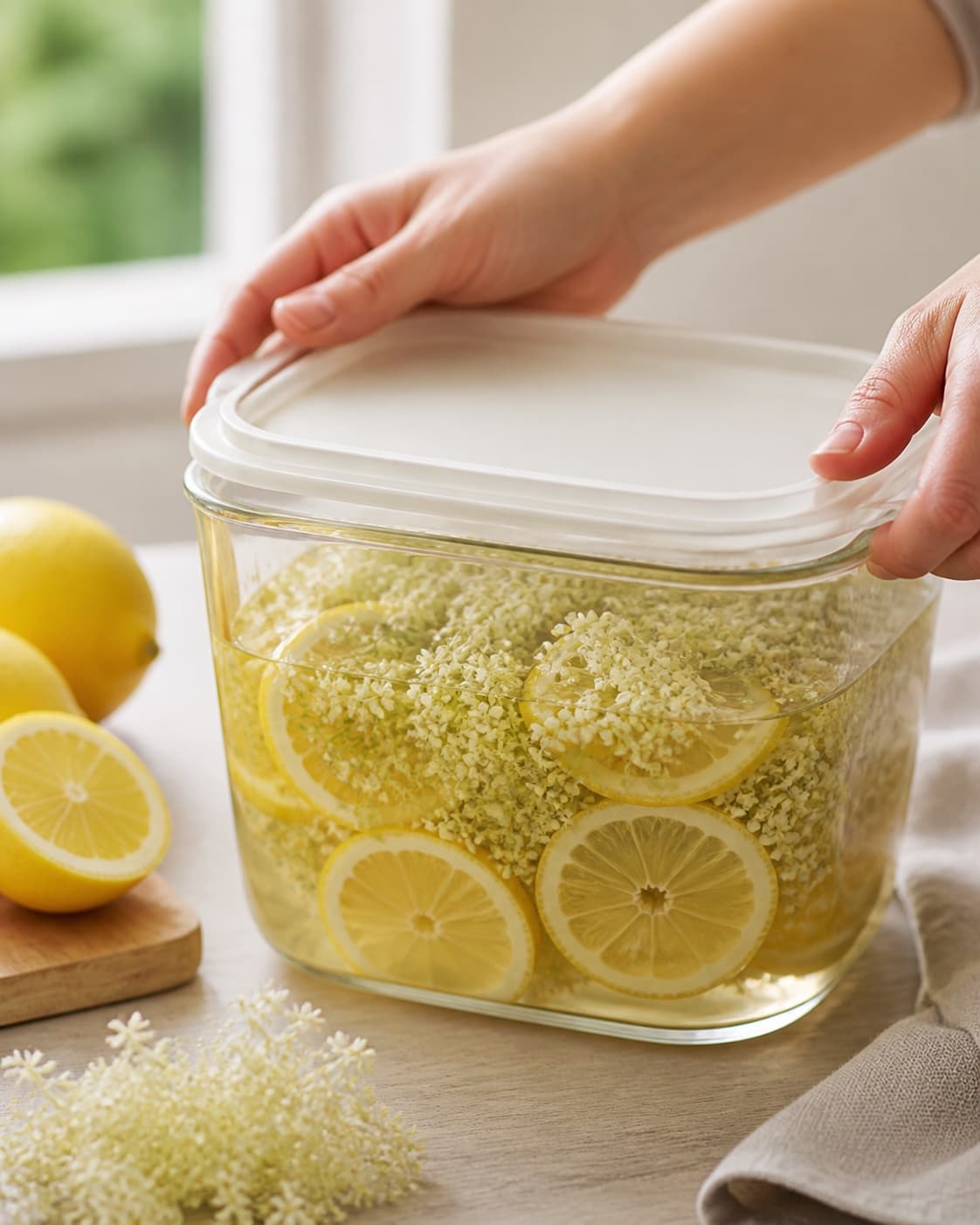 Elderflowers and lemon slices steeping submerged in syrup in a covered refrigerated container under tilberedningen af hyldeblomstsaft
