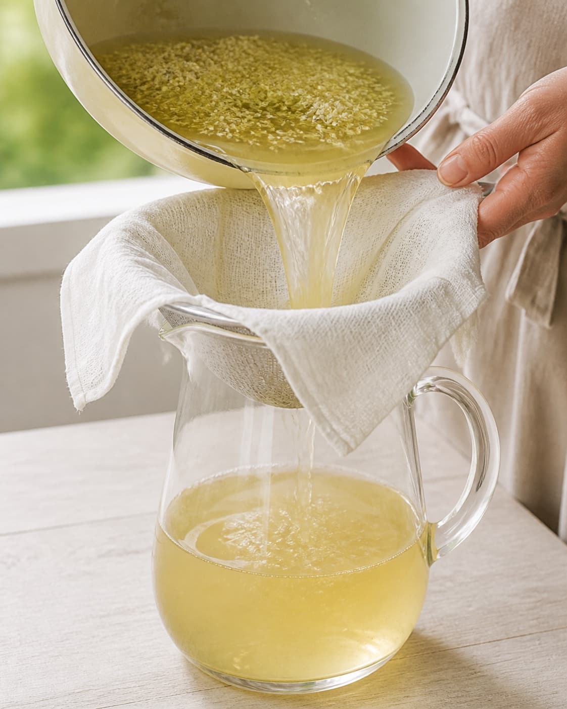Pale elderflower cordial being strained through a fine clean cloth into a pitcher under tilberedningen af hyldeblomstsaft