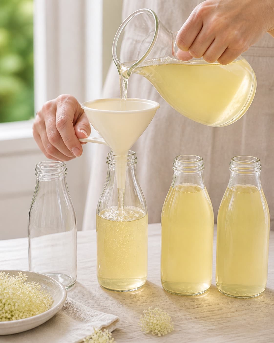 Cold elderflower cordial being poured through a funnel into clean bottles for refrigeration under tilberedningen af hyldeblomstsaft