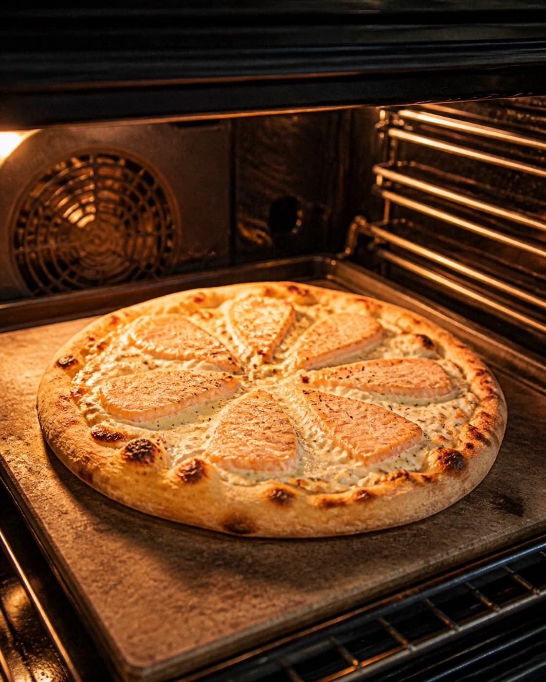 Salmon wasabi pizza baking until blistered with fish fully opaque before fresh spring onion garnish under tilberedningen af pizza med laks og wasabi