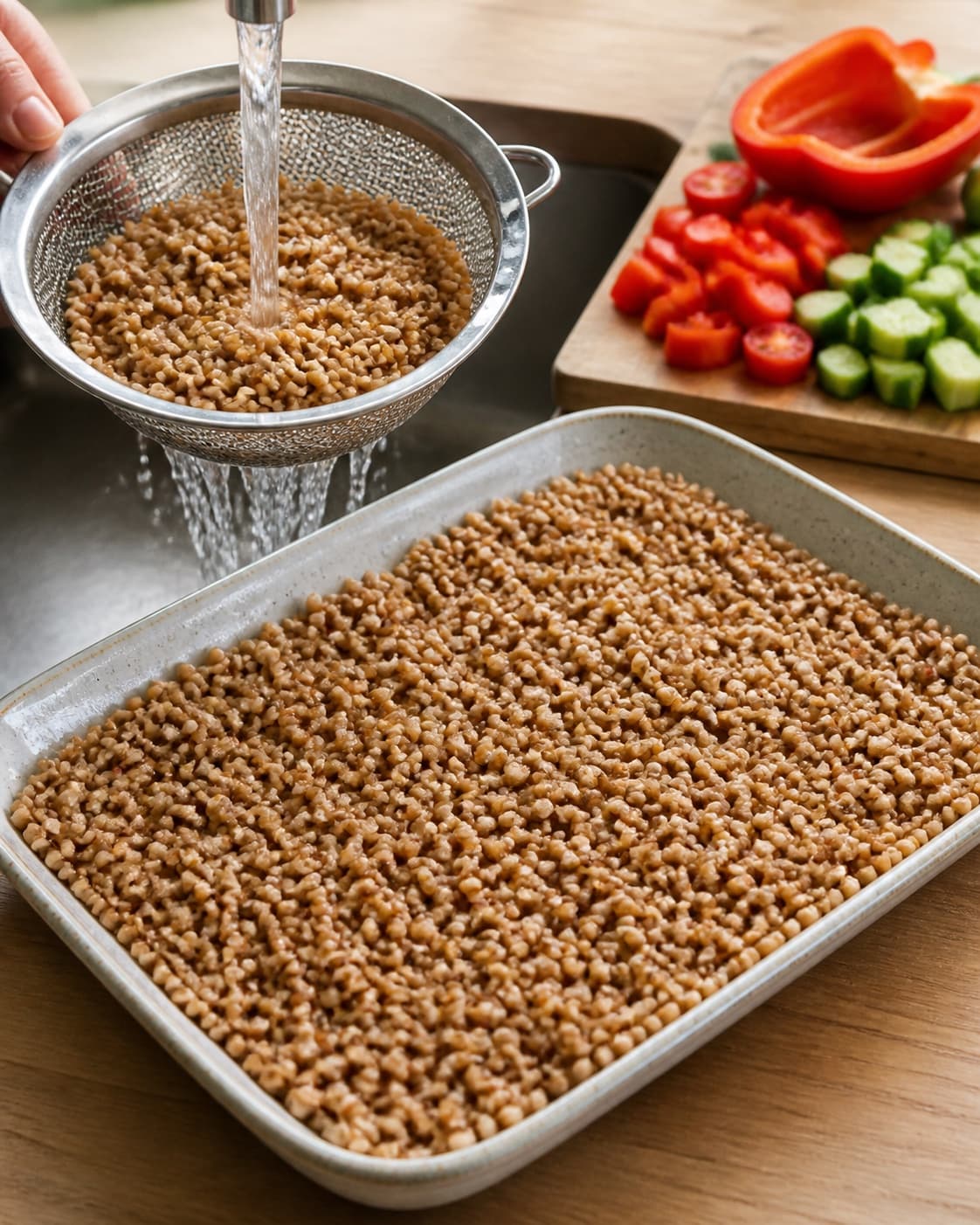 Pearled spelt being rinsed cooked until al dente and spread to cool under tilberedningen af speltsalat med peberfrugt