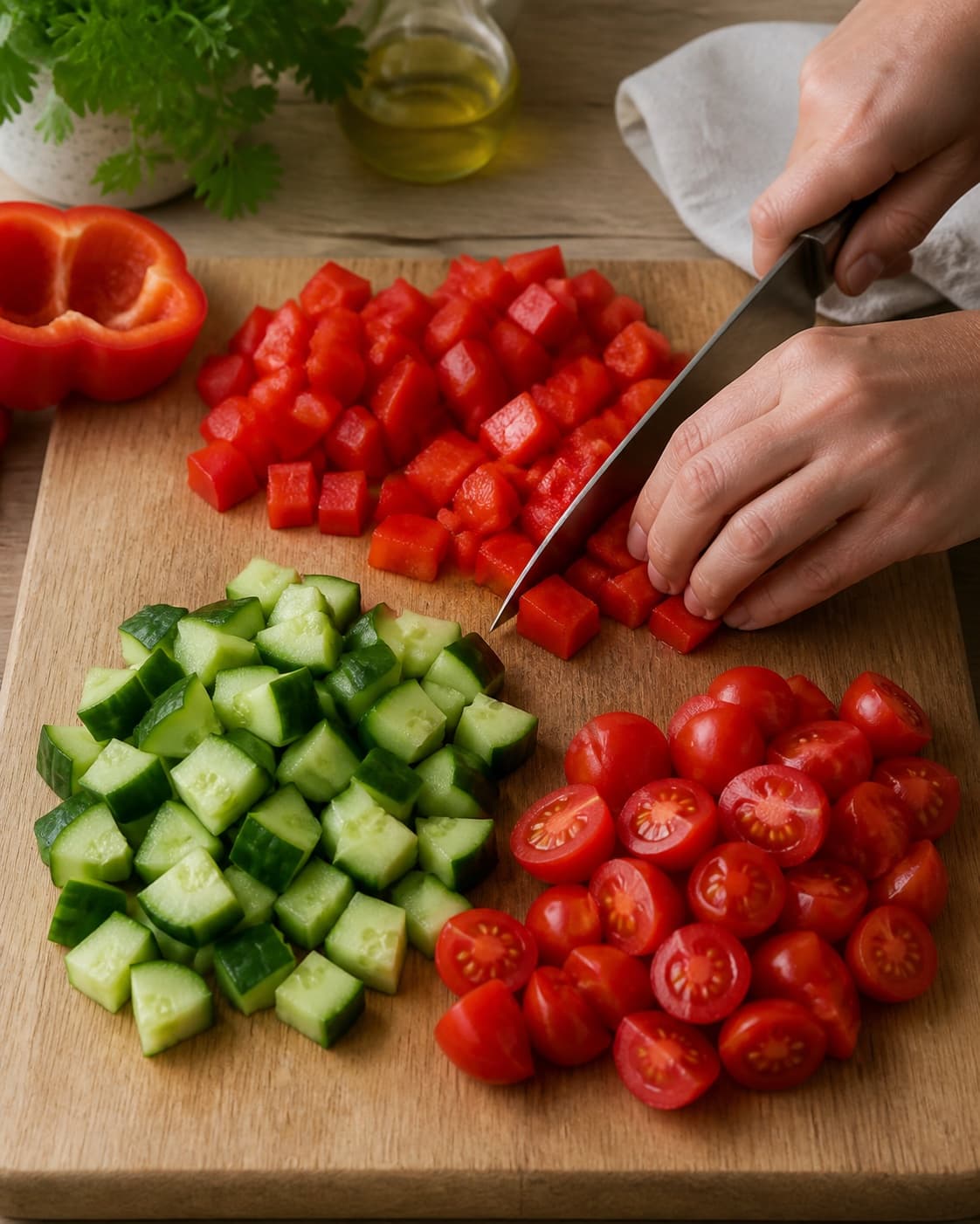 Red pepper cucumber cherry tomatoes and parsley being cut evenly and dried under tilberedningen af speltsalat med peberfrugt