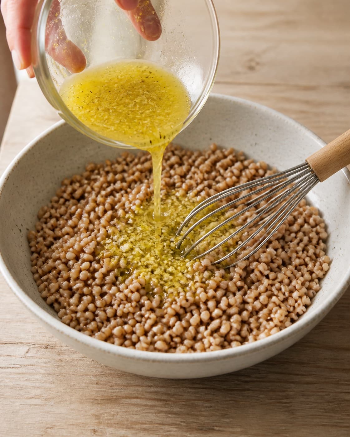 Lemon juice zest olive oil salt and pepper whisked before coating warm pearled spelt under tilberedningen af speltsalat med peberfrugt