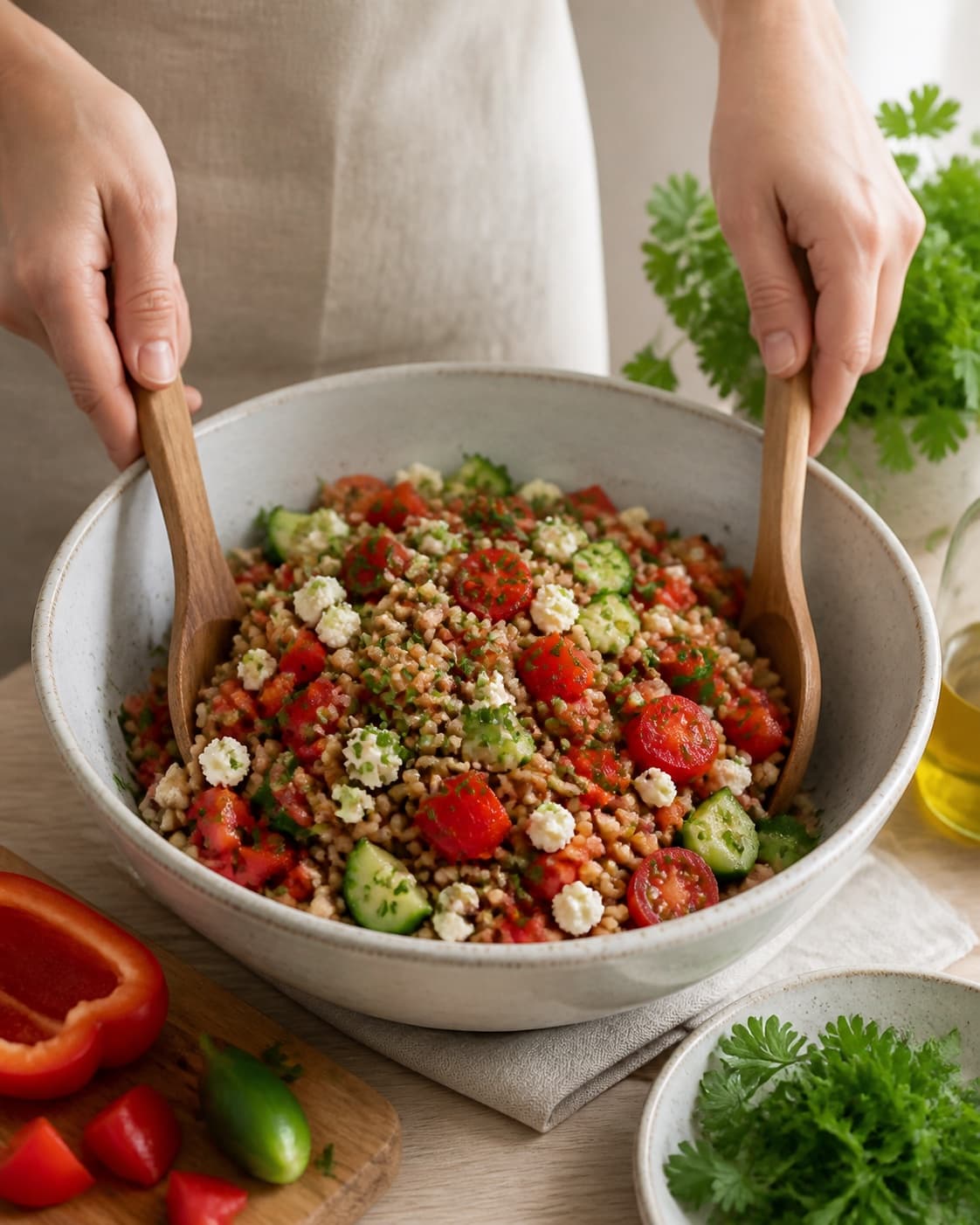 Pearled spelt being folded with pepper cucumber tomatoes feta and parsley under tilberedningen af speltsalat med peberfrugt