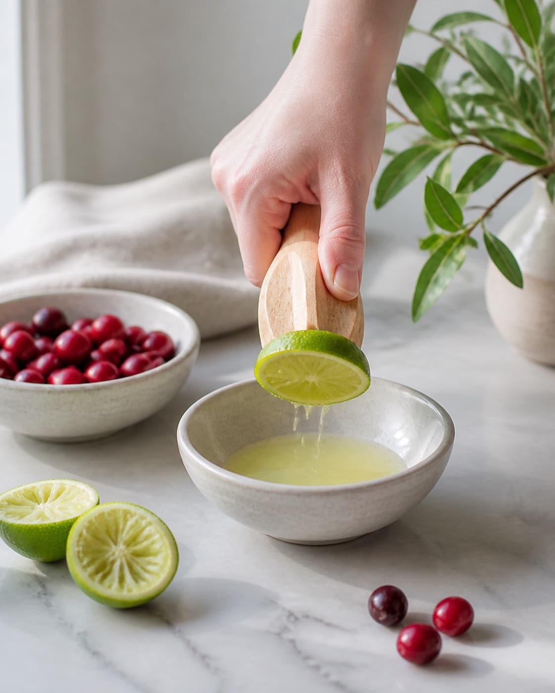 Fresh organic lime juice being pressed and strained for a cranberry margarita under tilberedningen af cranberry margarita