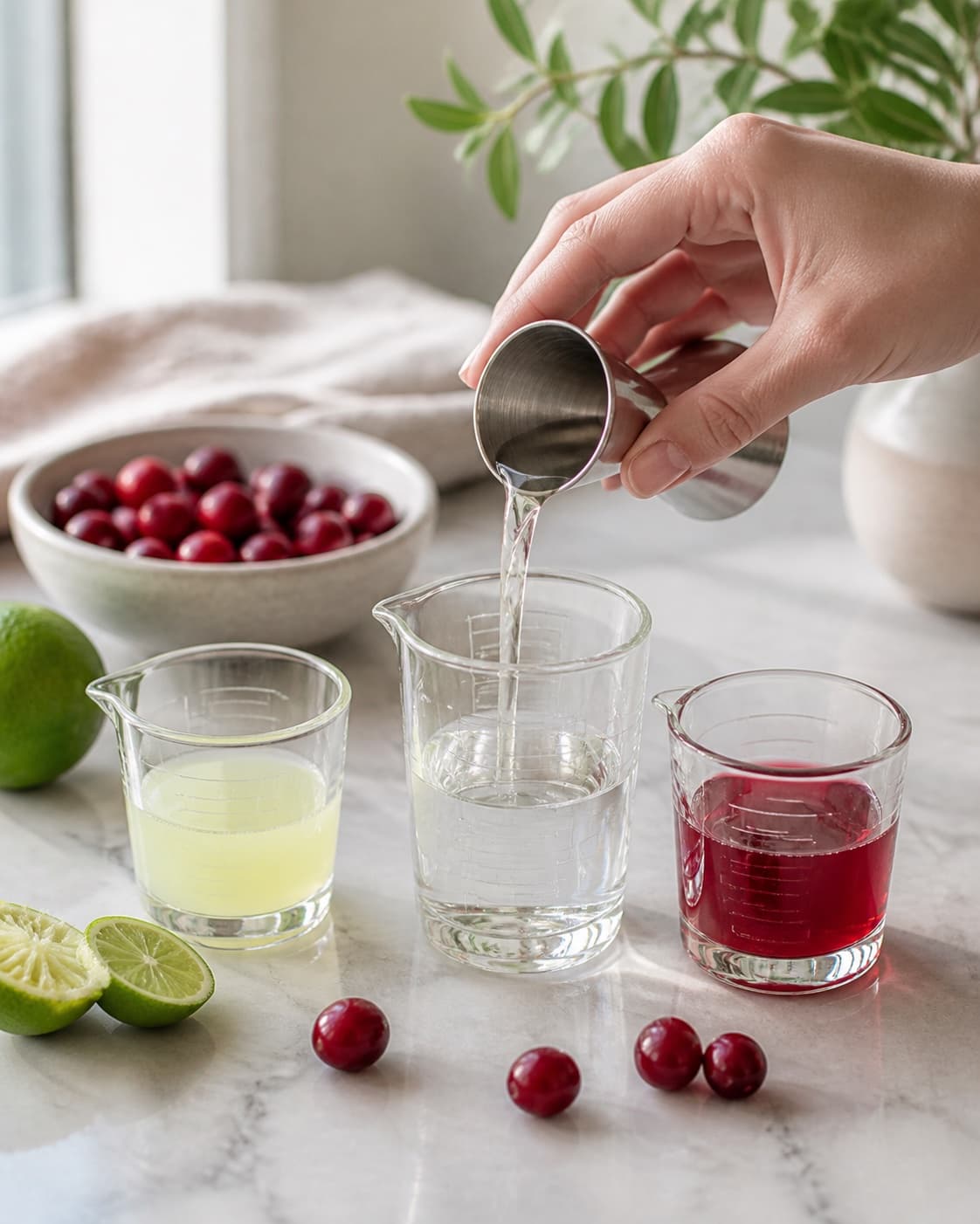 Cranberry juice tequila orange liqueur lime and agave measured precisely into a shaker under tilberedningen af cranberry margarita