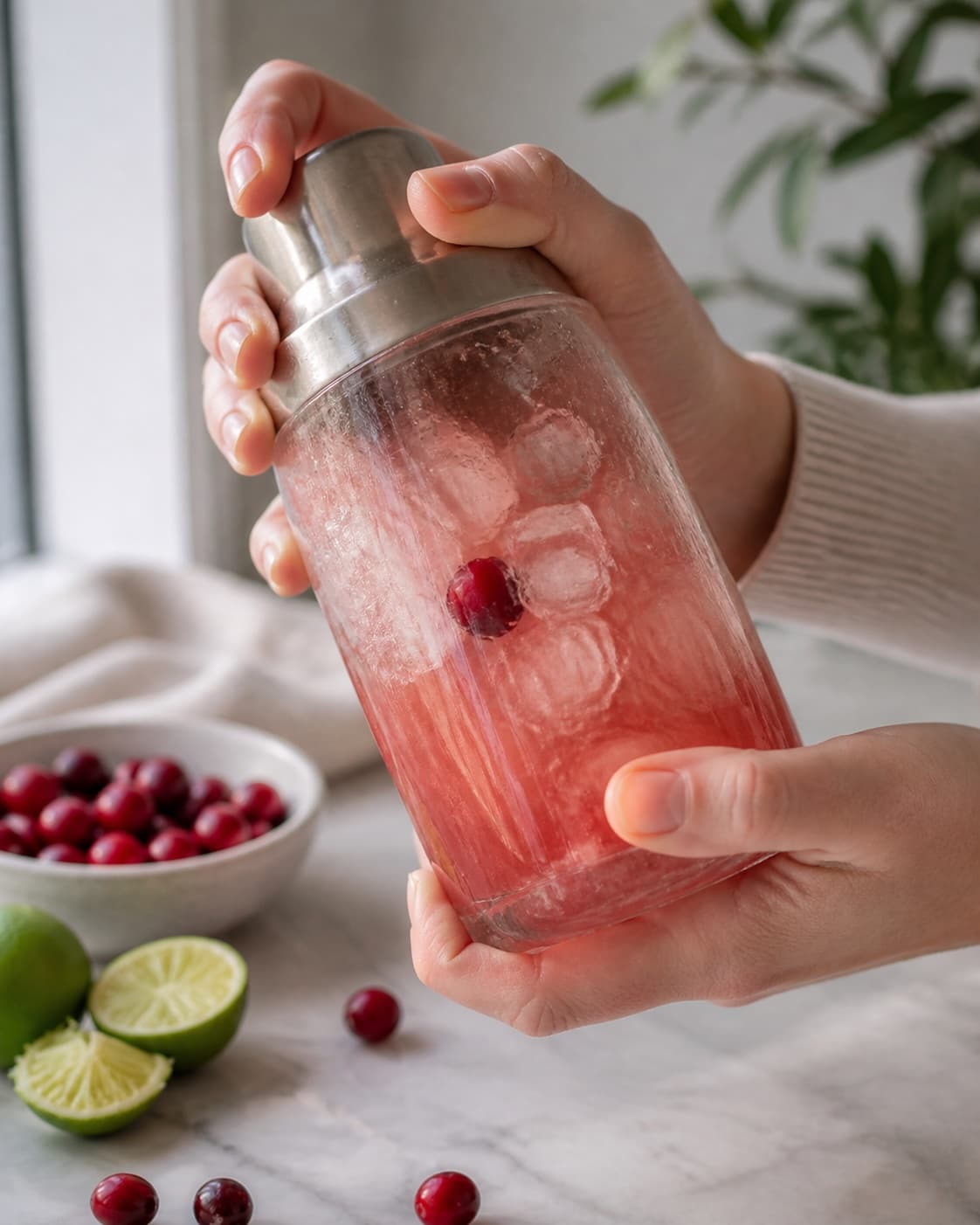 Cranberry margarita being shaken vigorously with hard clear ice cubes under tilberedningen af cranberry margarita