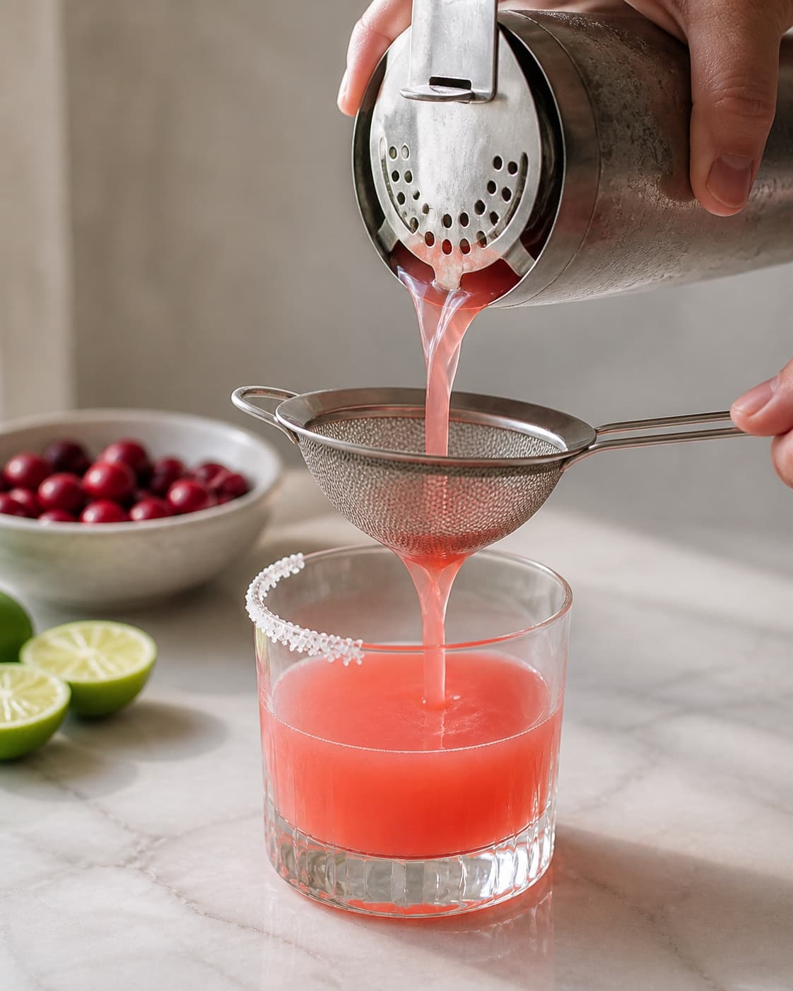 Ruby cranberry margarita double strained into a chilled half salt rimmed glass under tilberedningen af cranberry margarita