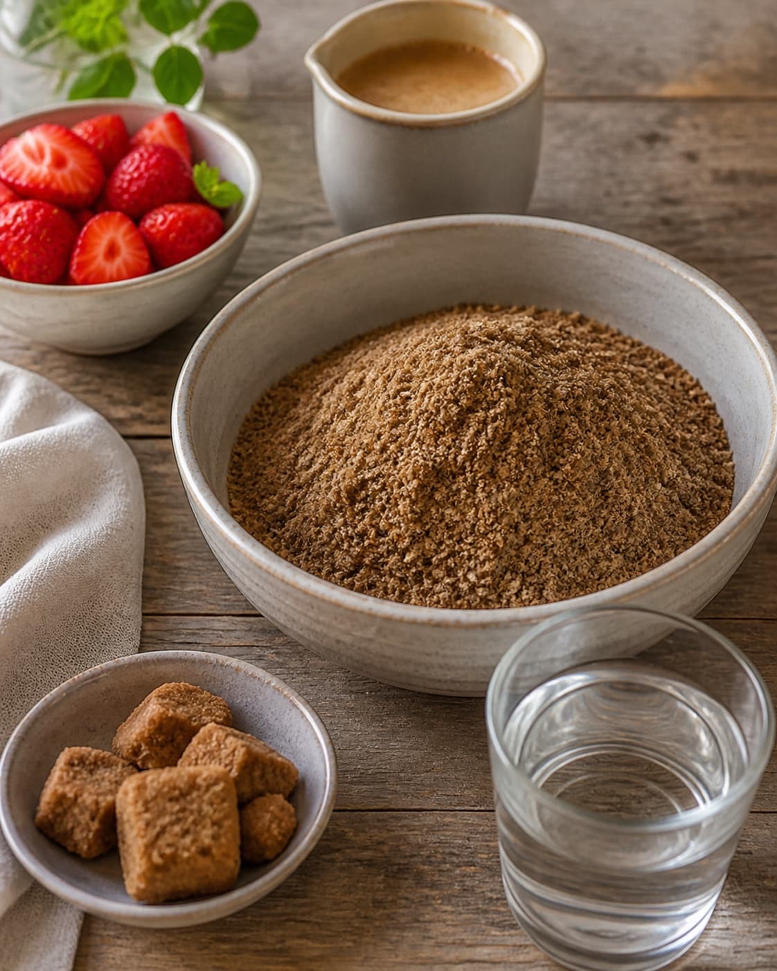 Dark rye bread pieces beside dark beer water brown sugar orange strawberries cream and salt under tilberedningen af øllebrød med jordbær og flødeskum