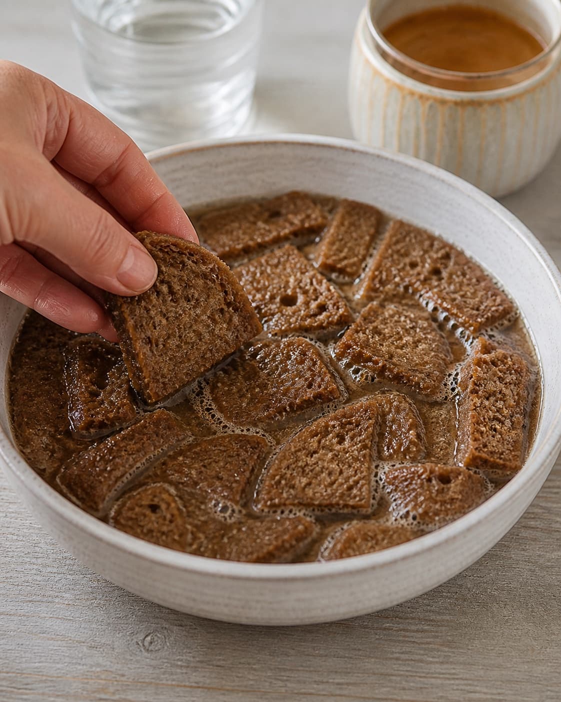 Dark rye bread soaking in beer and water until evenly softened under tilberedningen af øllebrød med jordbær og flødeskum