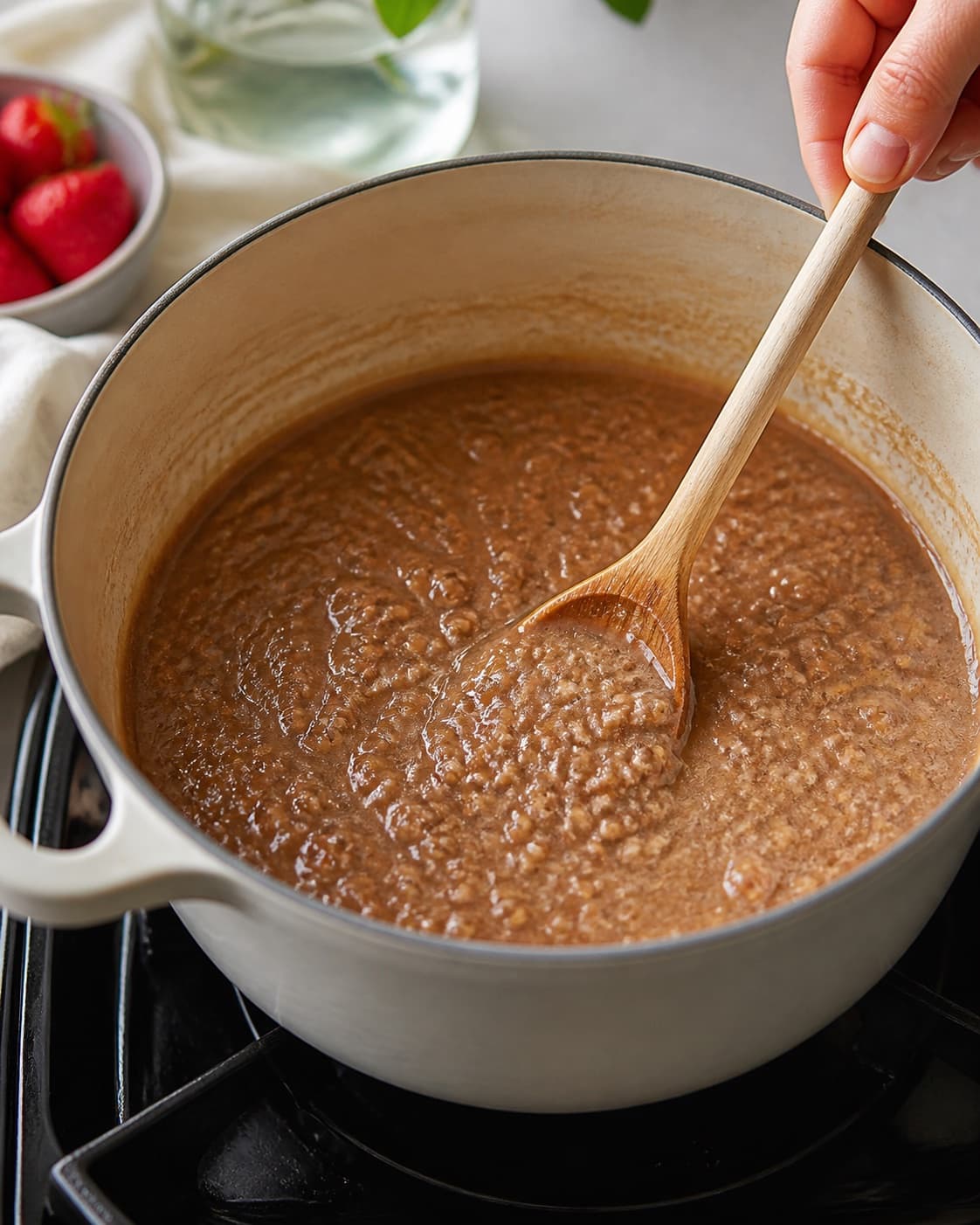Dark rye bread porridge simmering slowly into a cohesive glossy texture under tilberedningen af øllebrød med jordbær og flødeskum