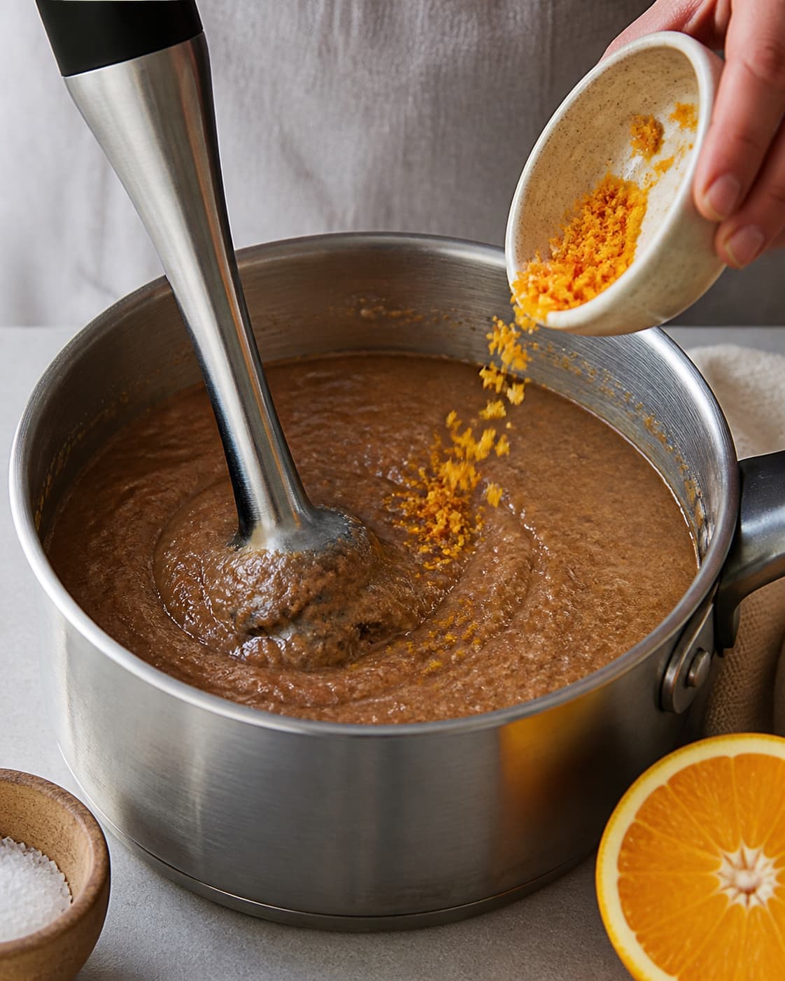 Rye bread porridge being blended briefly and adjusted with fresh orange and salt under tilberedningen af øllebrød med jordbær og flødeskum