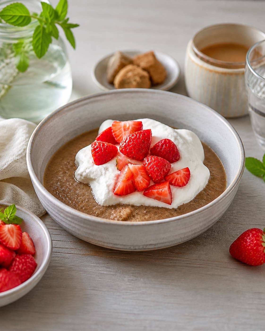 Warm rye bread porridge served with cold strawberries and softly whipped cream under tilberedningen af øllebrød med jordbær og flødeskum