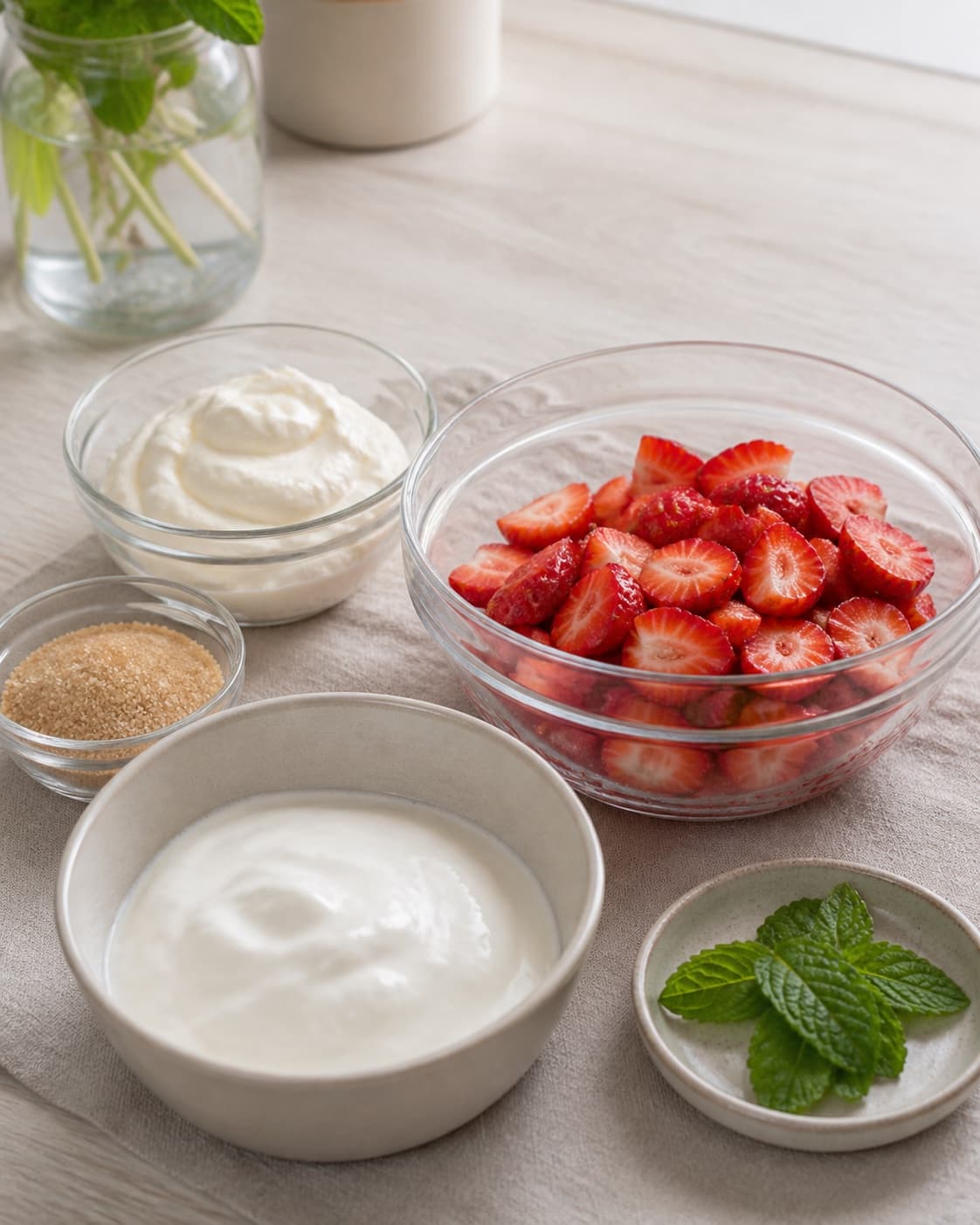 Dry strawberries beside cold skyr cream sugar vanilla mint lemon and small meringues under tilberedningen af jordbærdessert med mynte
