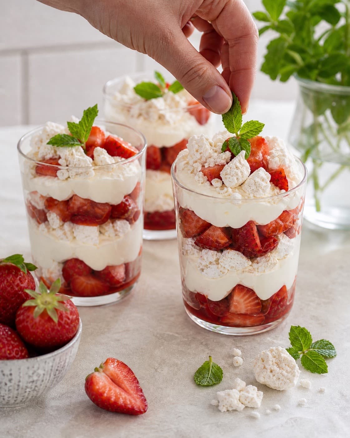 Layered strawberry mint dessert with airy skyr cream and crisp broken meringues under tilberedningen af jordbærdessert med mynte