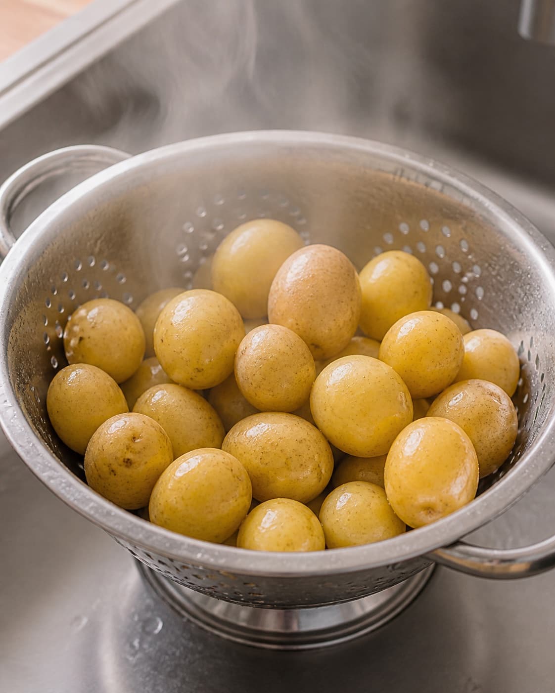 Whole small potatoes just tender and steaming dry in a colander under tilberedningen af knuste kartofler med stenbiderrogn
