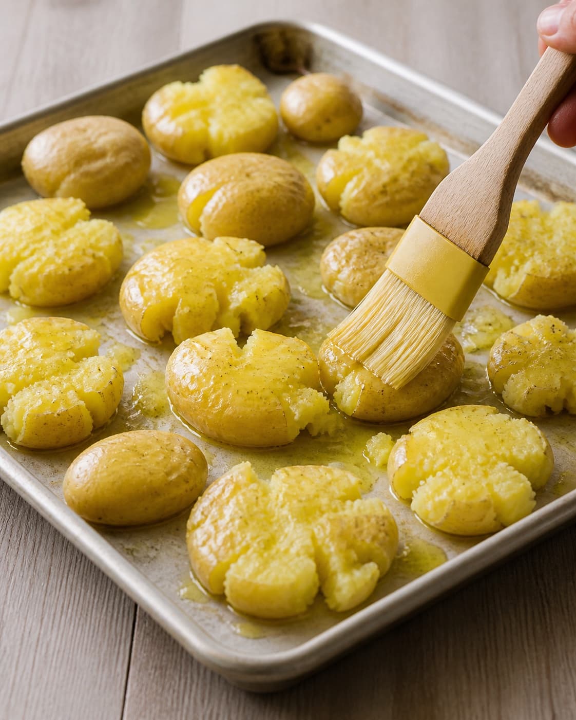 Boiled potatoes being smashed and brushed with butter and olive oil on a tray under tilberedningen af knuste kartofler med stenbiderrogn