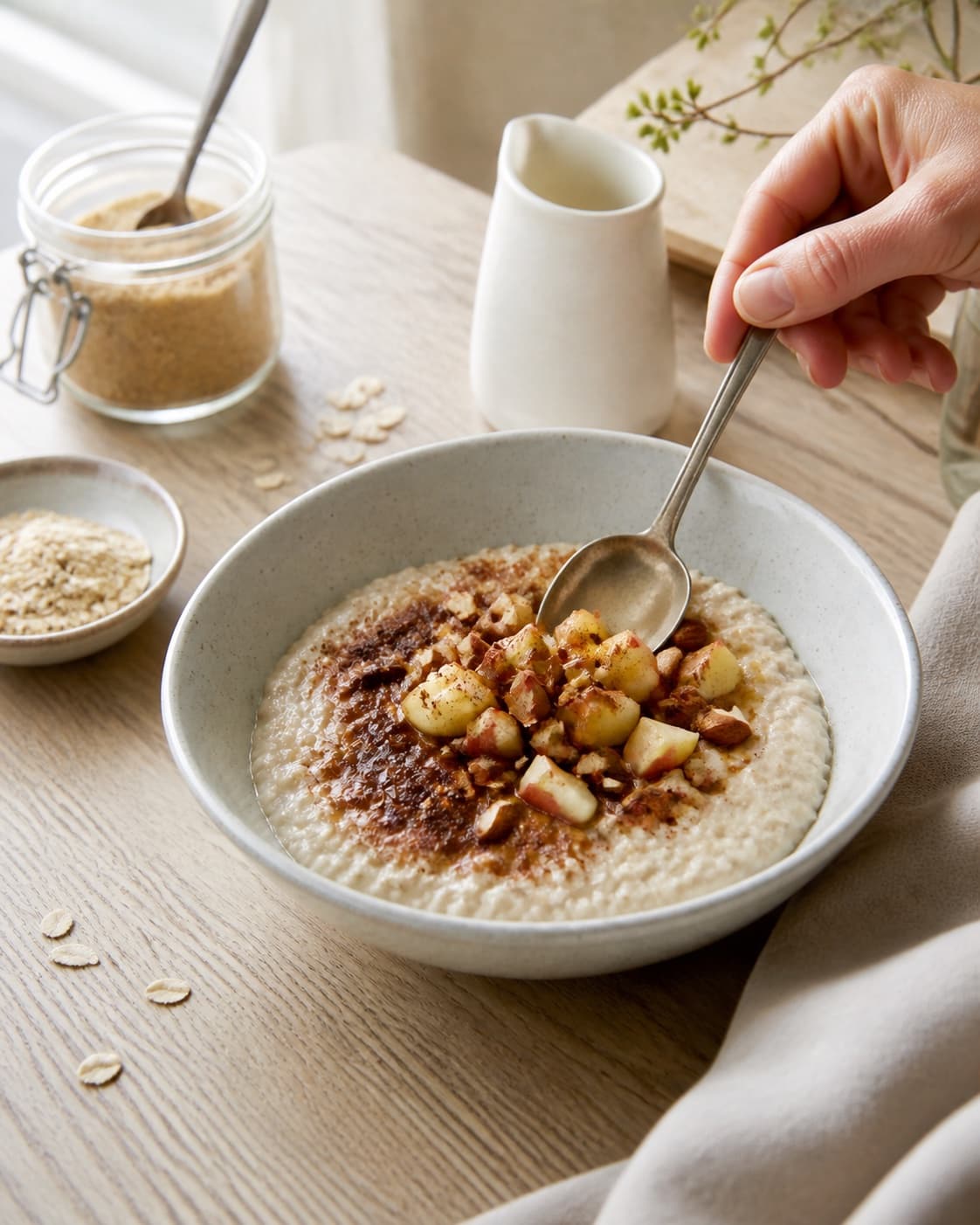 Creamy oatmeal topped with crisp apple cubes cinnamon and chopped almonds under tilberedningen af havregrød